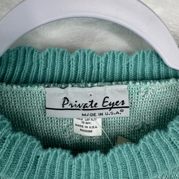 Vintage Private Eyes Teal Floral Rose Knit Sweater Metallic Lurex Crew Neck USA - Picture 5 of 8